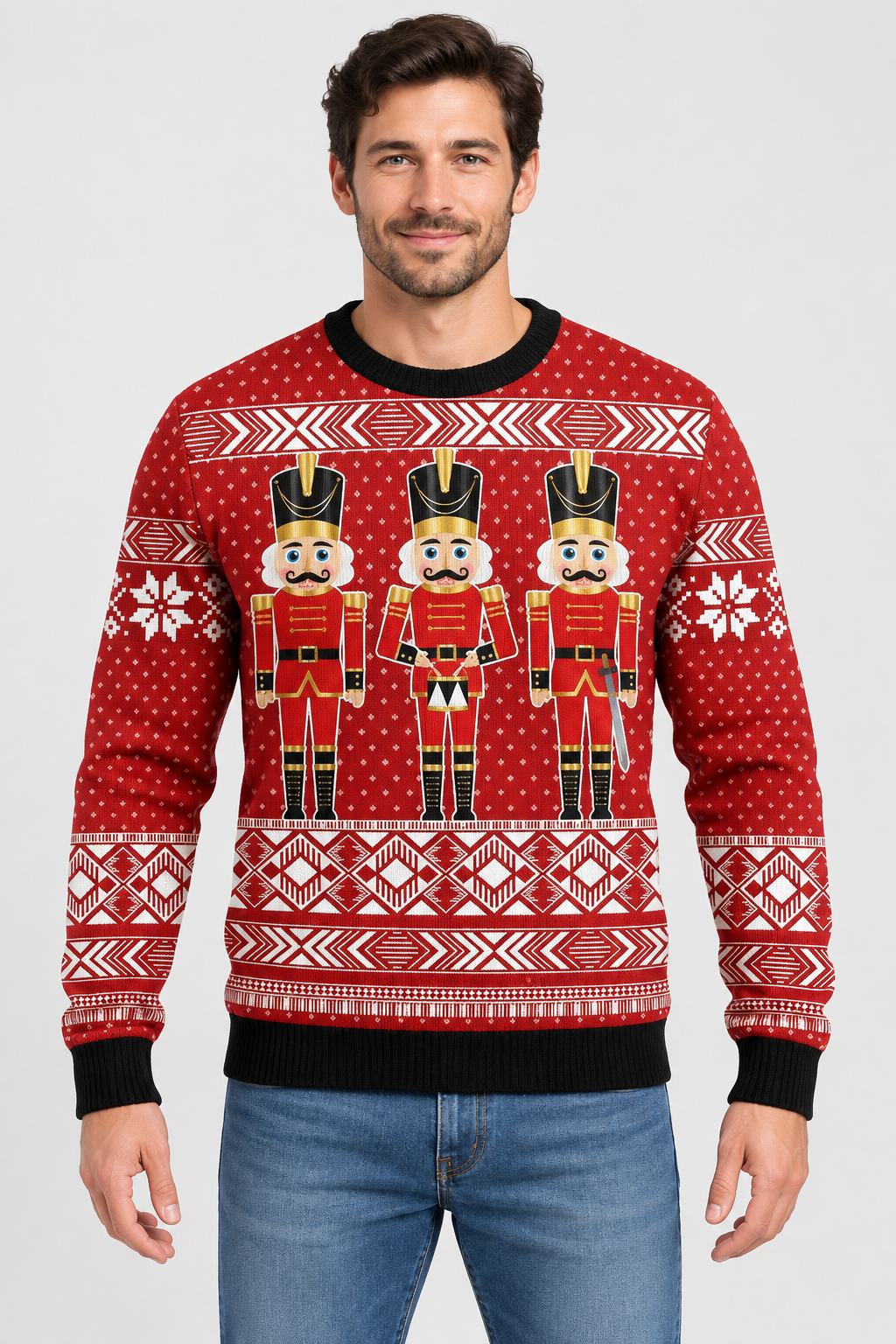 Male model wearing the nutcracker Christmas sweater