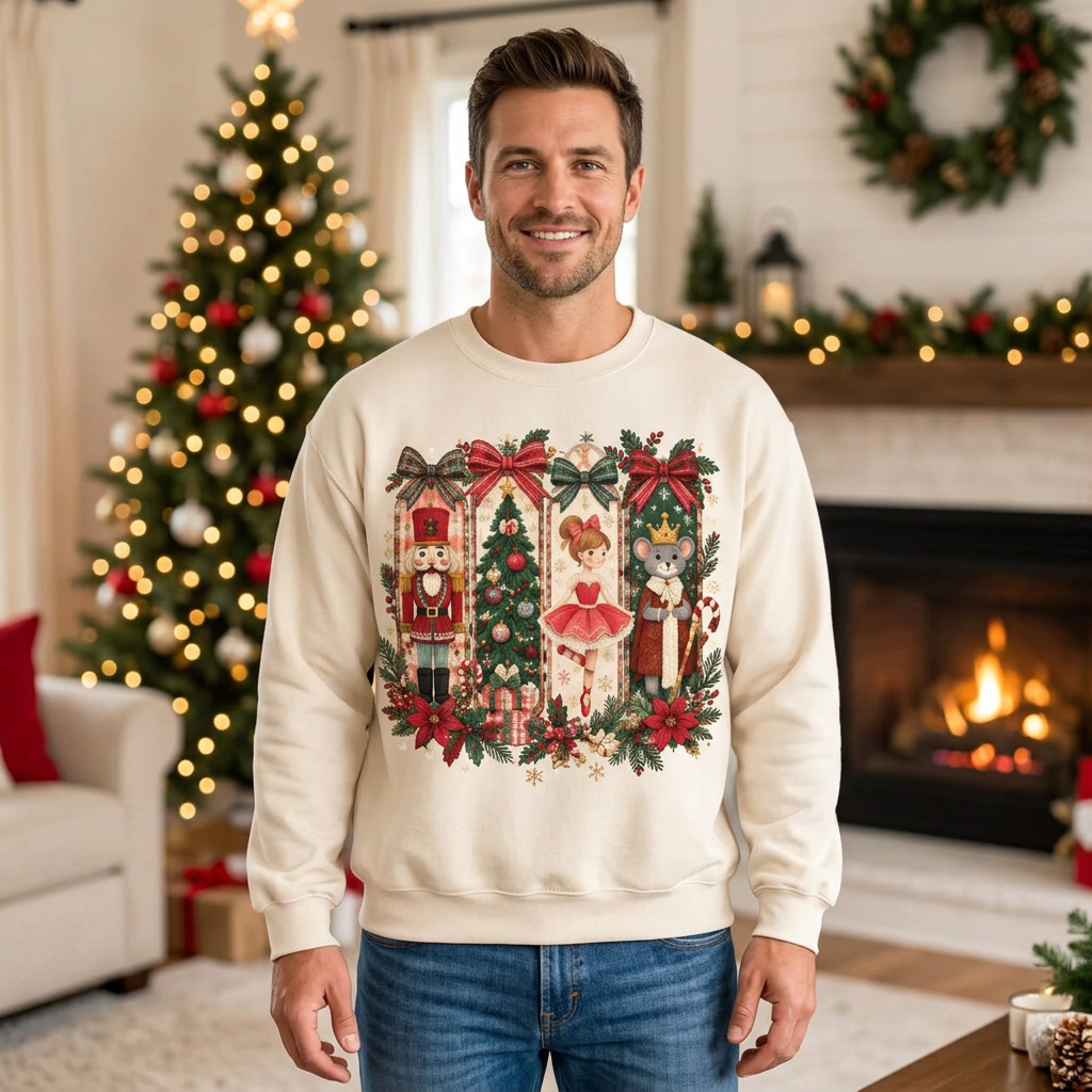 Male model wearing the Nutcracker Christmas sweatshirt