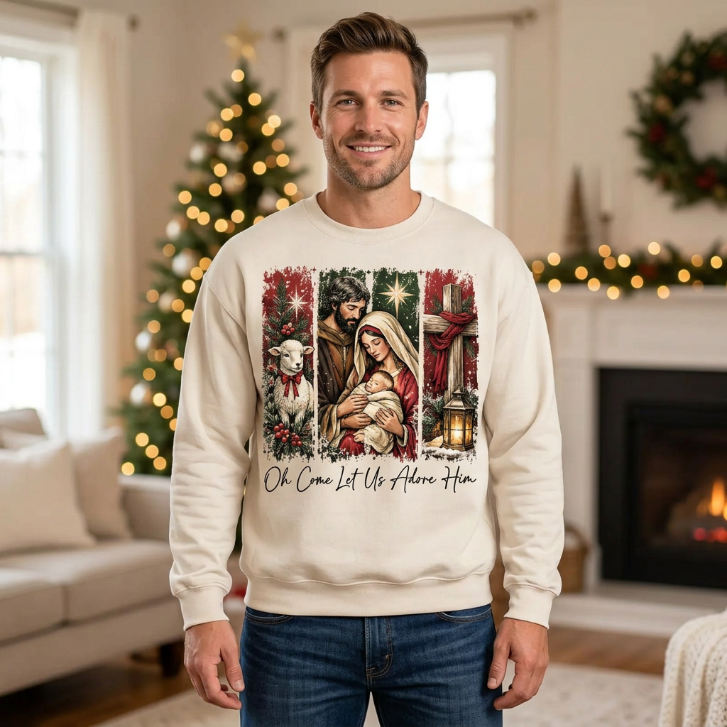 Male model wearing the Oh Come Let Us Adore Him sweatshirt