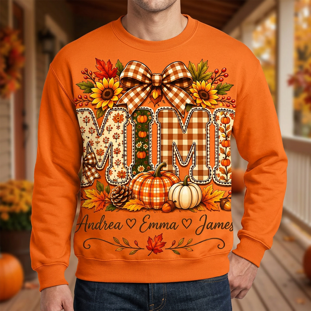 Male model wearing the orange MIMI sweatshirt