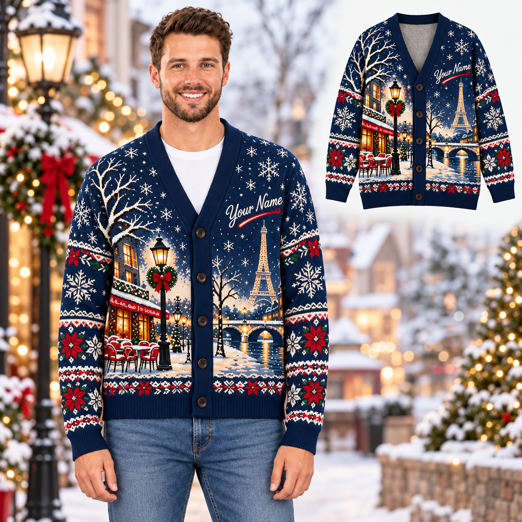 Male model wearing the Parisian winter cardigan