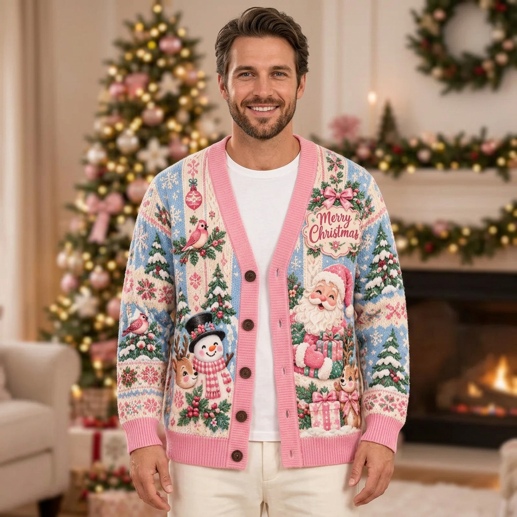 Male model wearing the pastel Christmas cardigan