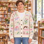 Male model wearing the pastel floral book club cardigan