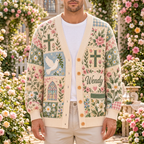Male model wearing the personalized floral Christian cardigan