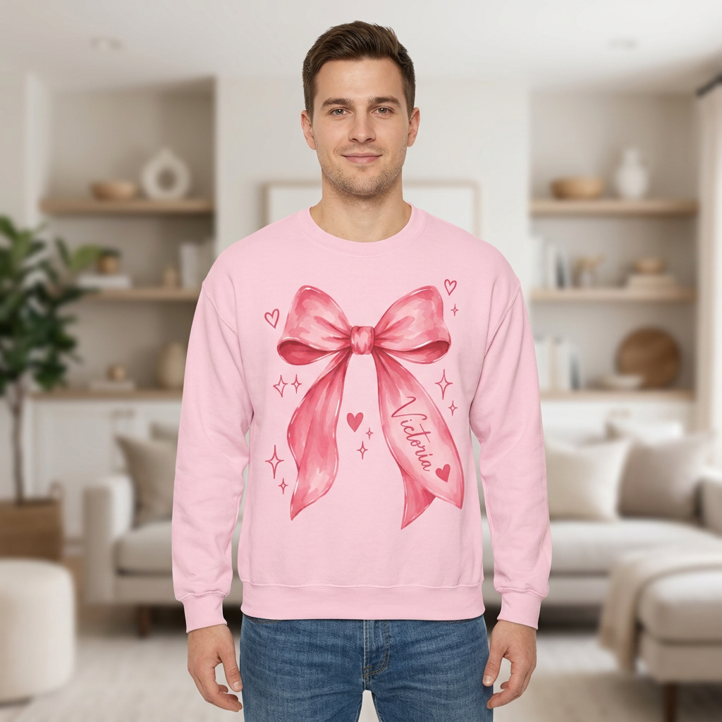 Male model wearing the pink bow sweatshirt