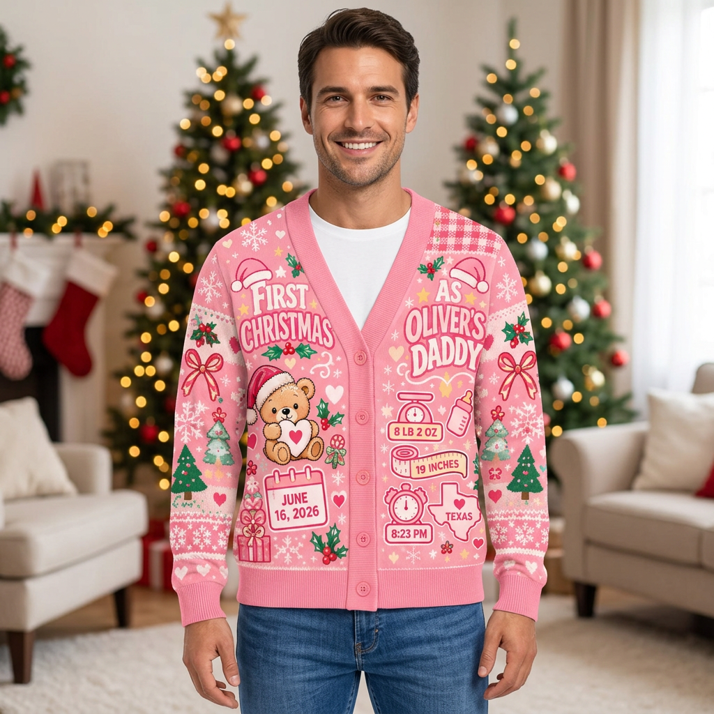 Male model wearing the pink Christmas cardigan