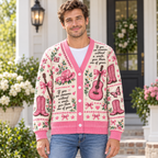 Male model wearing the pink cowgirl cardigan