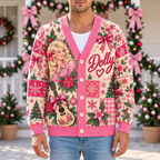 Male model wearing the pink Dolly Christmas cardigan