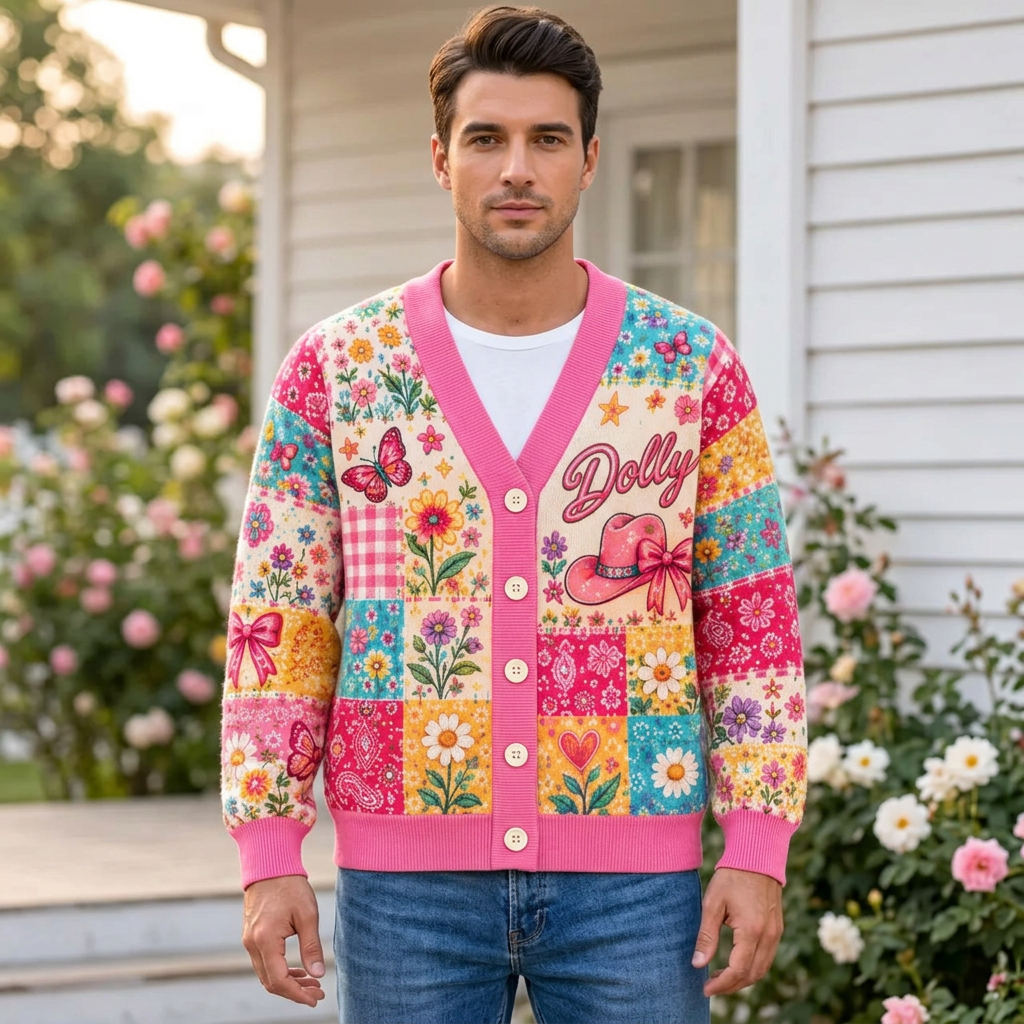 Male model wearing the pink Dolly patchwork cardigan