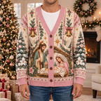 Male model wearing the pink Nativity cardigan