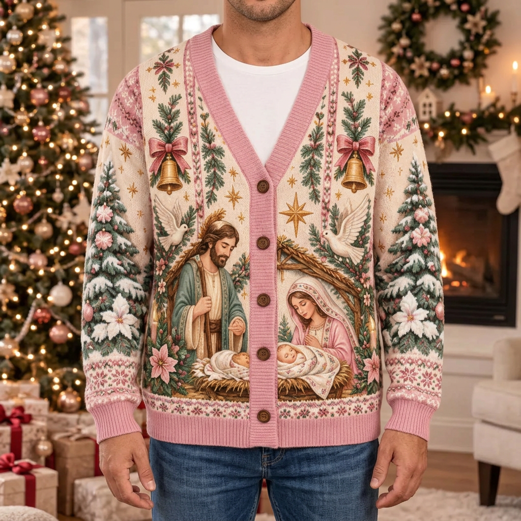Male model wearing the pink Nativity cardigan