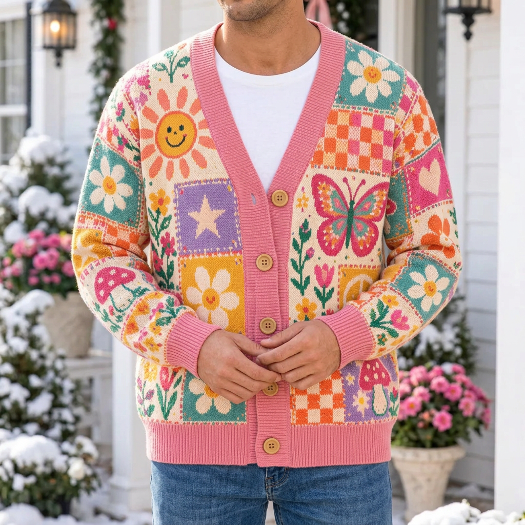 Male model wearing the pink retro patchwork cardigan