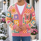 Male model wearing the pink retro patchwork cardigan