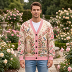 Male model wearing the pink rose garden cardigan
