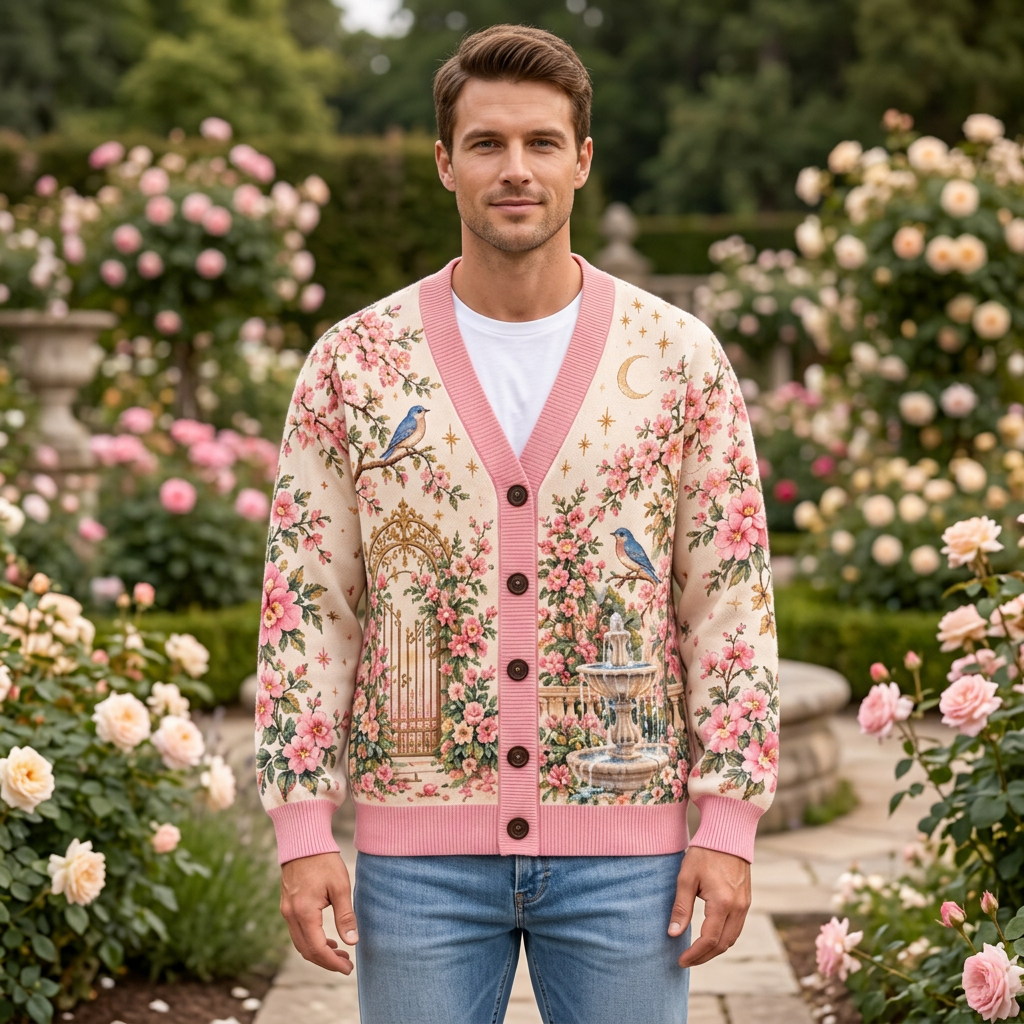 Male model wearing the pink rose garden cardigan