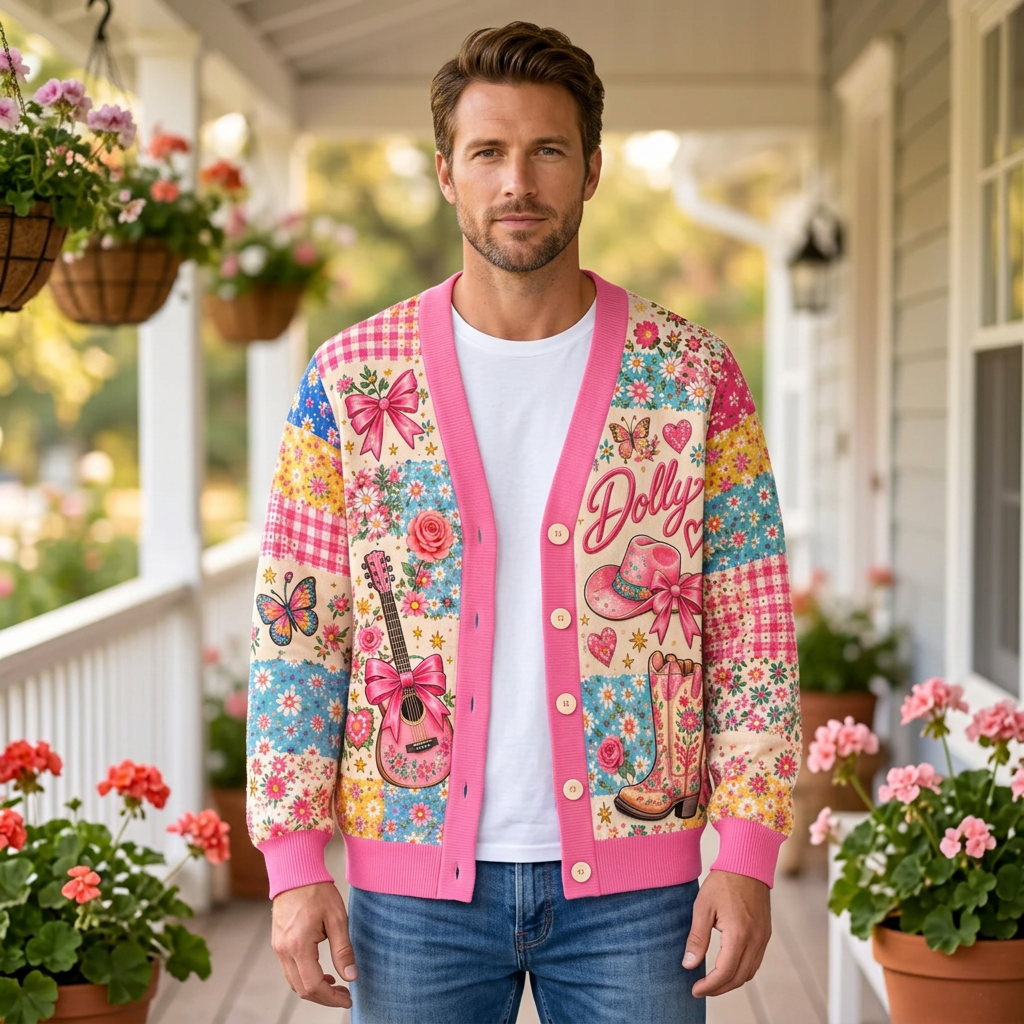 Male model wearing the pink western floral cardigan