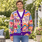 Male model wearing the purple-trim colorful patchwork cardigan