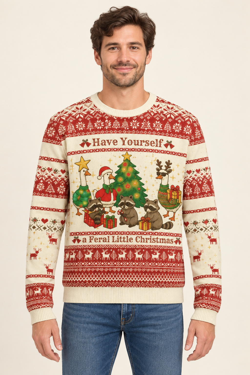 Male model wearing the raccoons and ducks Christmas sweater