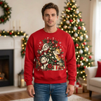 Male model wearing the red Christmas kittens sweatshirt