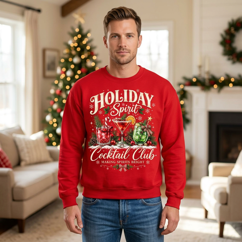 Male model wearing the red Holiday Spirit Cocktail Club sweatshirt