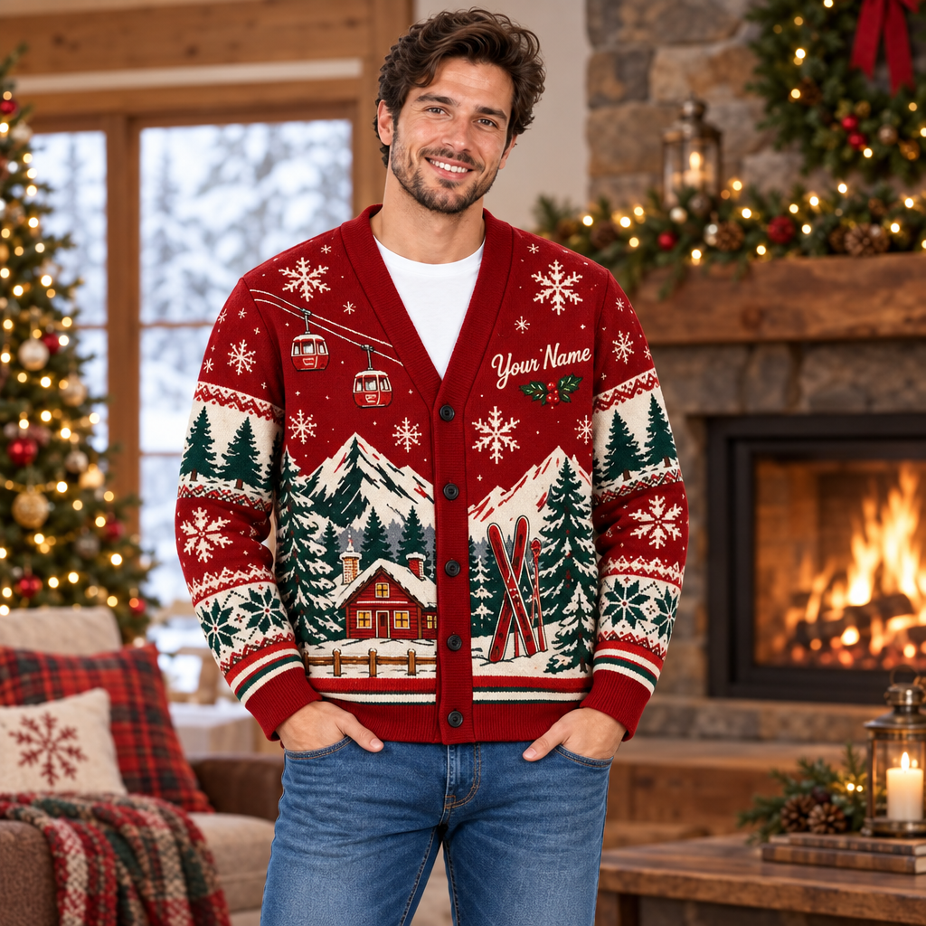 Male model wearing the red Nordic holiday cardigan