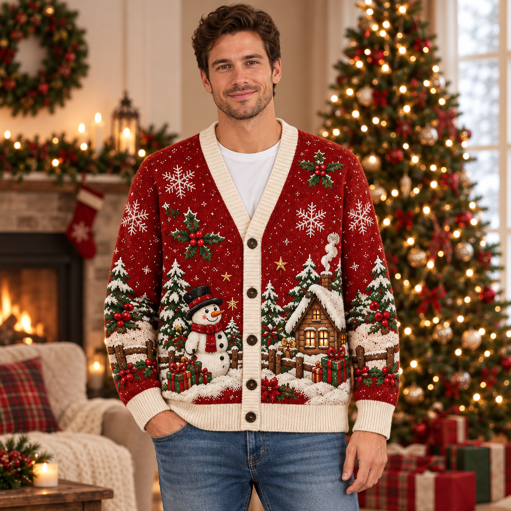Male model wearing the red snowman Christmas cardigan