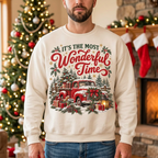 Male model wearing the red truck Christmas sweatshirt