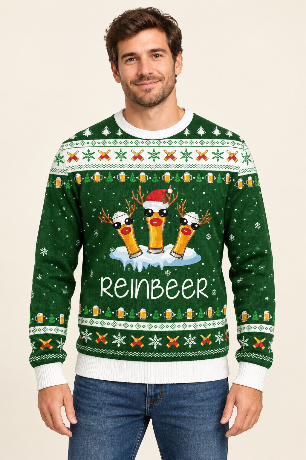 Male model wearing the Reinbeer sweater