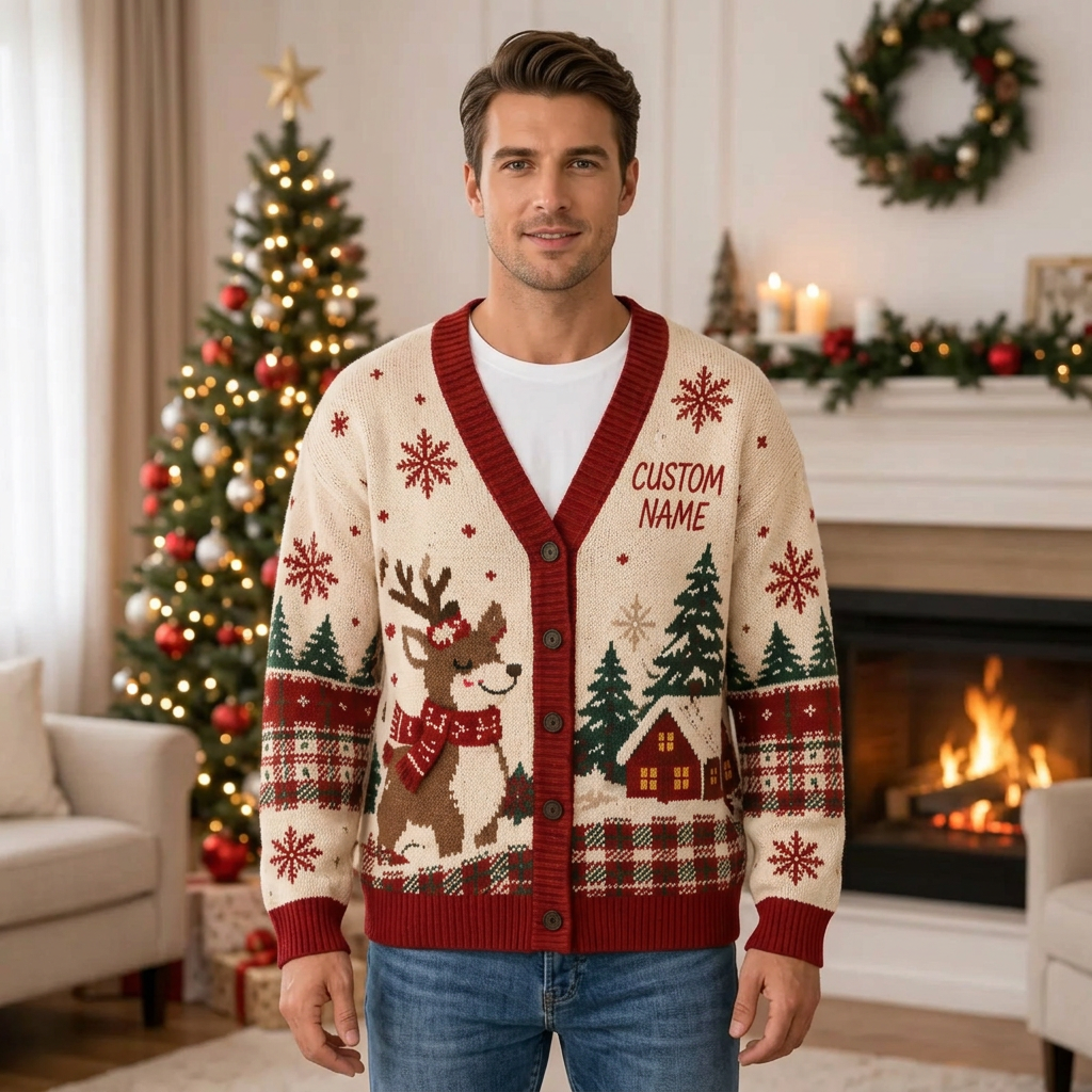 Male model wearing the reindeer and winter cabin cardigan