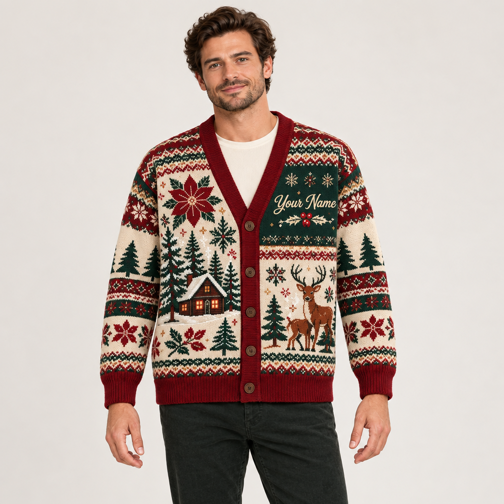 Male model wearing the reindeer Christmas cardigan