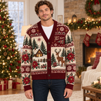 Male model wearing the reindeer Christmas cardigan