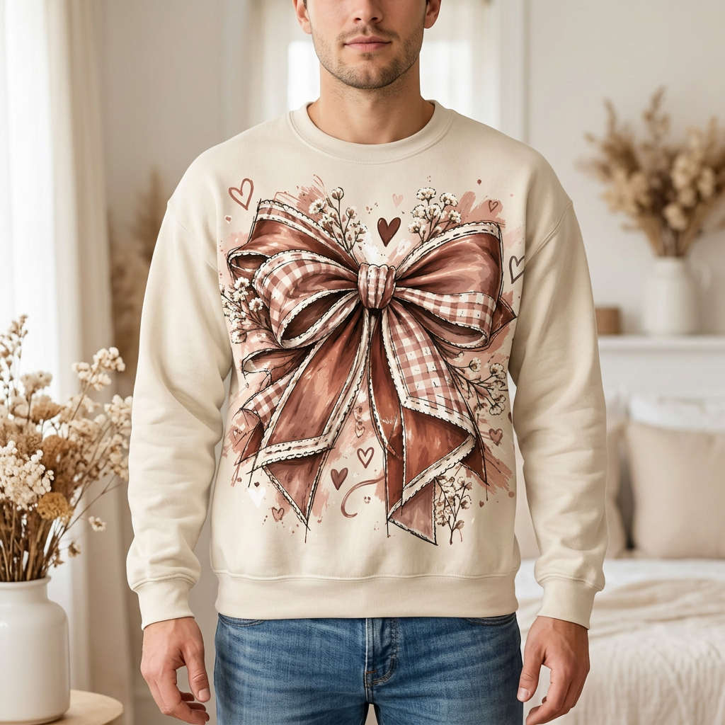 Male model wearing the ribbon-bow sweatshirt