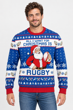 Male model wearing the rugby Christmas sweater