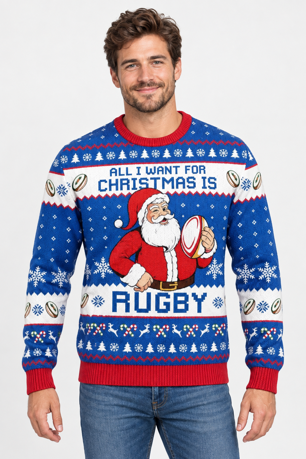 Male model wearing the rugby Christmas sweater