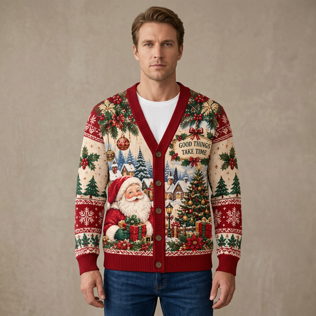 Male model wearing the Santa Christmas cardigan
