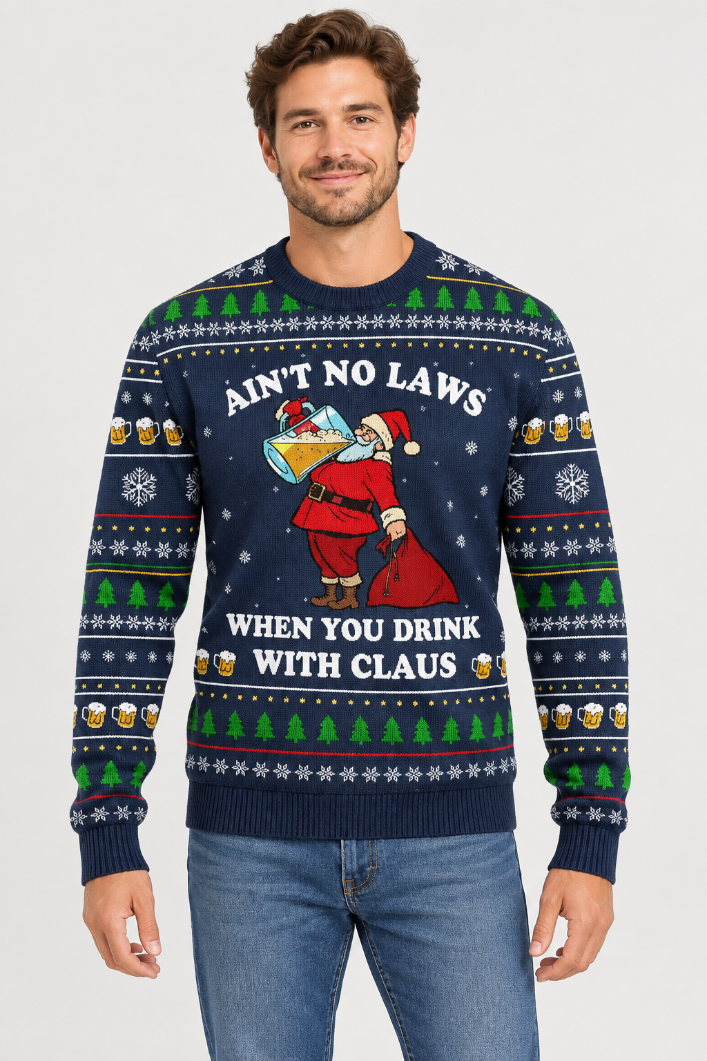 Male model wearing the Santa Christmas sweater