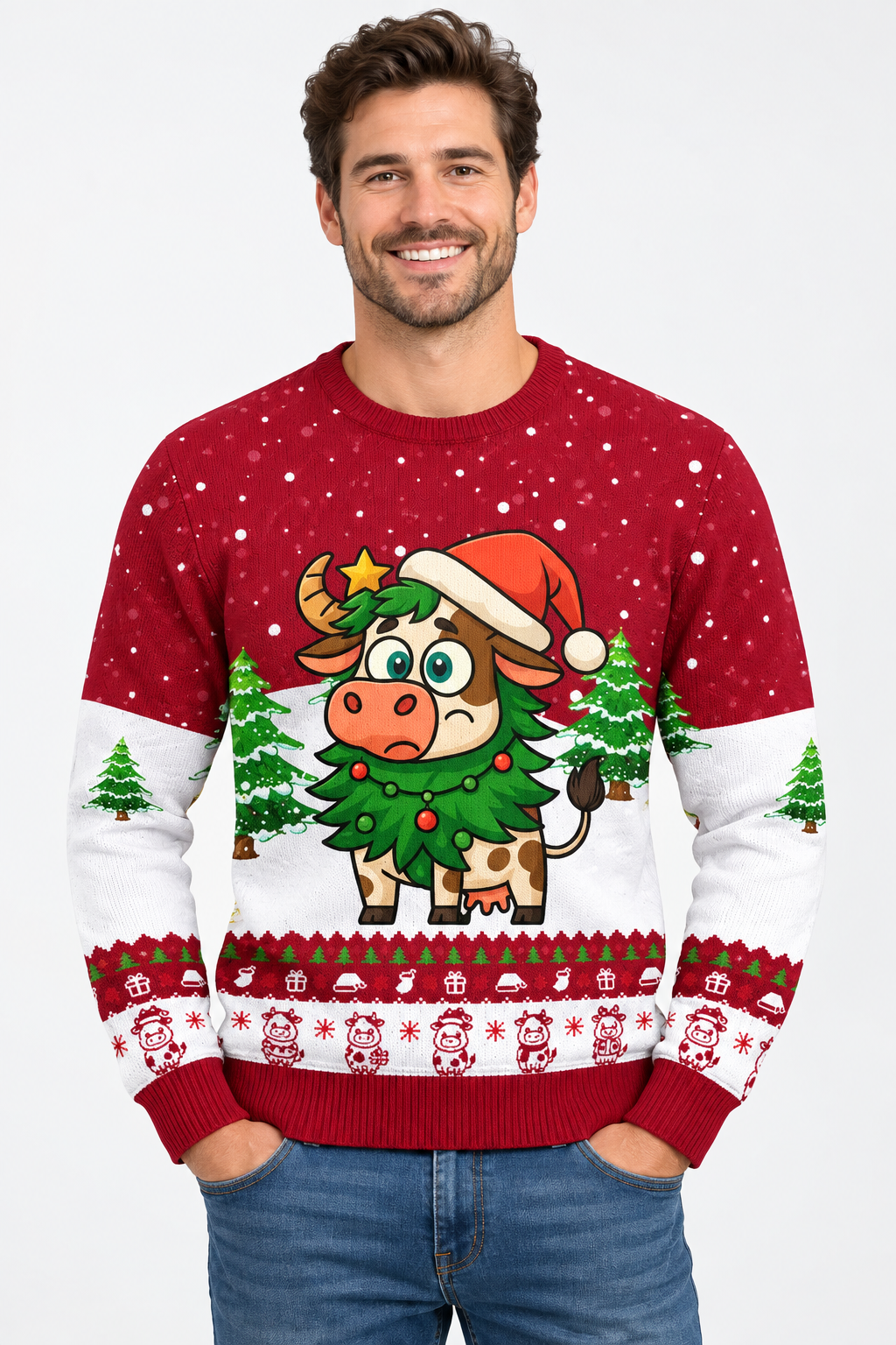Male model wearing the Santa Cow sweater