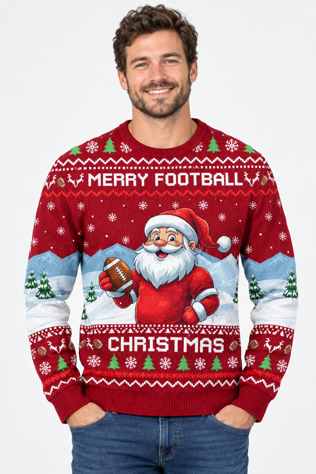 Male model wearing the Santa Merry Football sweater