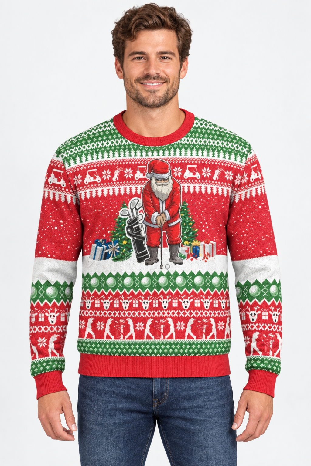 Male model wearing the Santa Playing Golf sweater