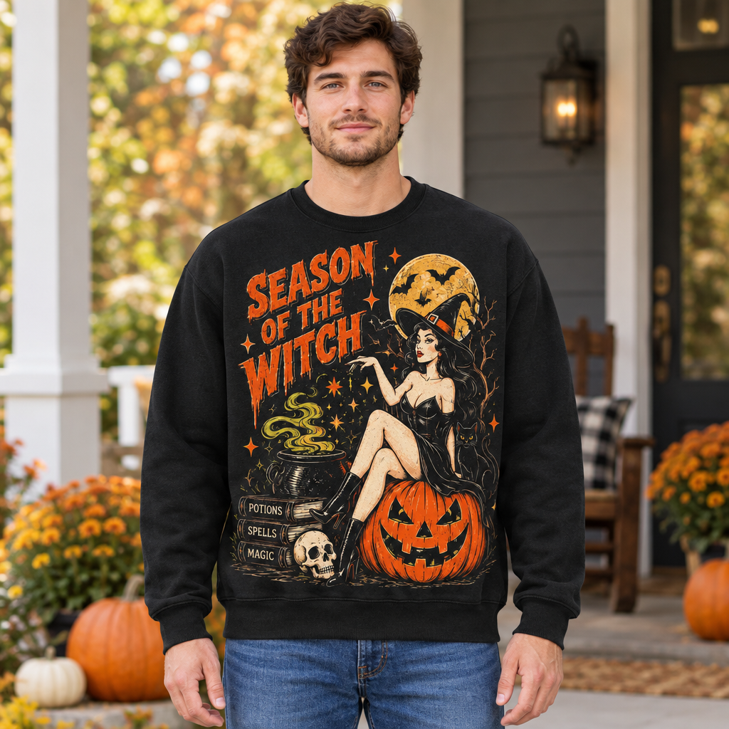 Male model wearing the Season of the Witch sweatshirt