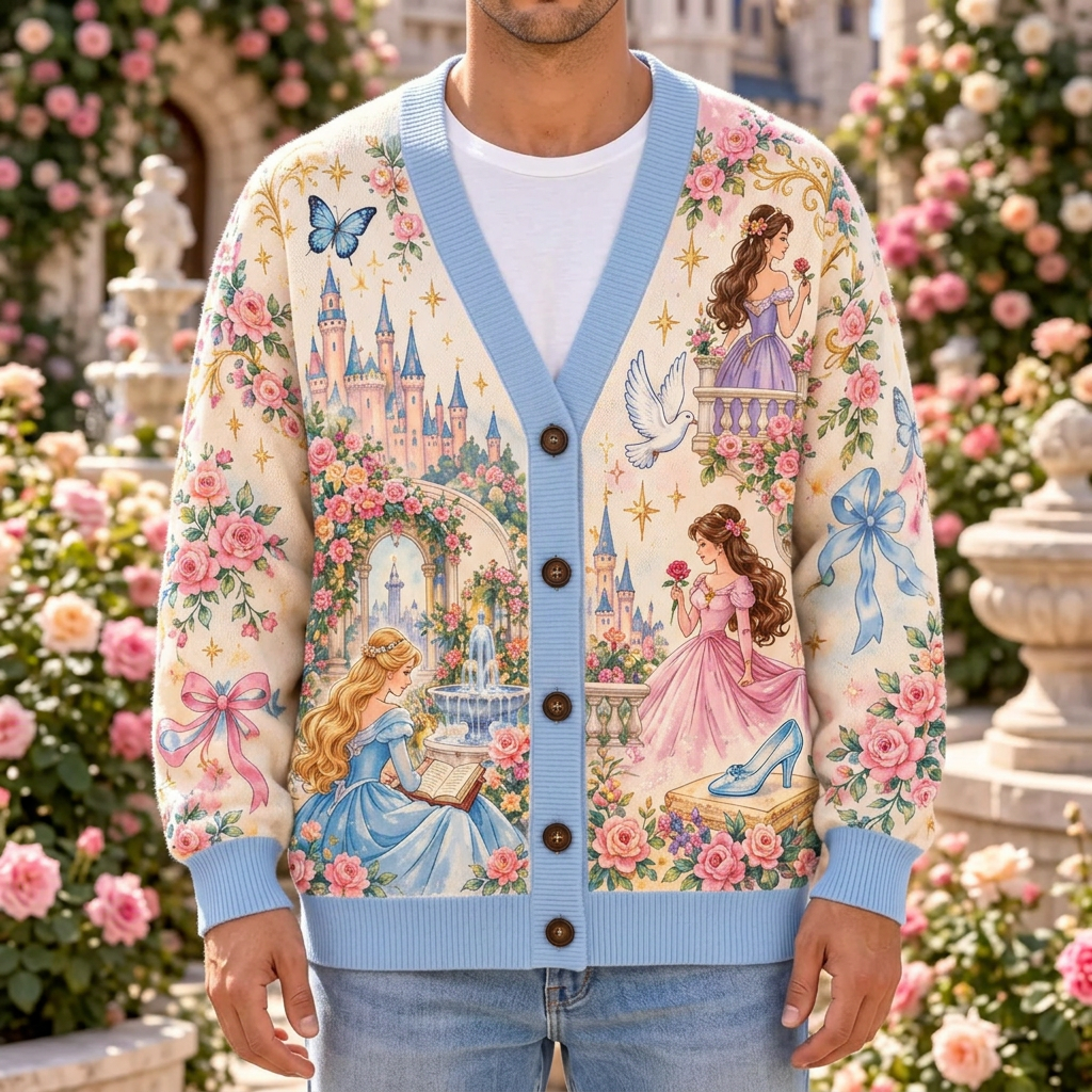 Male model wearing the sky-blue fairytale princess cardigan