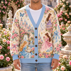 Male model wearing the sky-blue fairytale princess cardigan