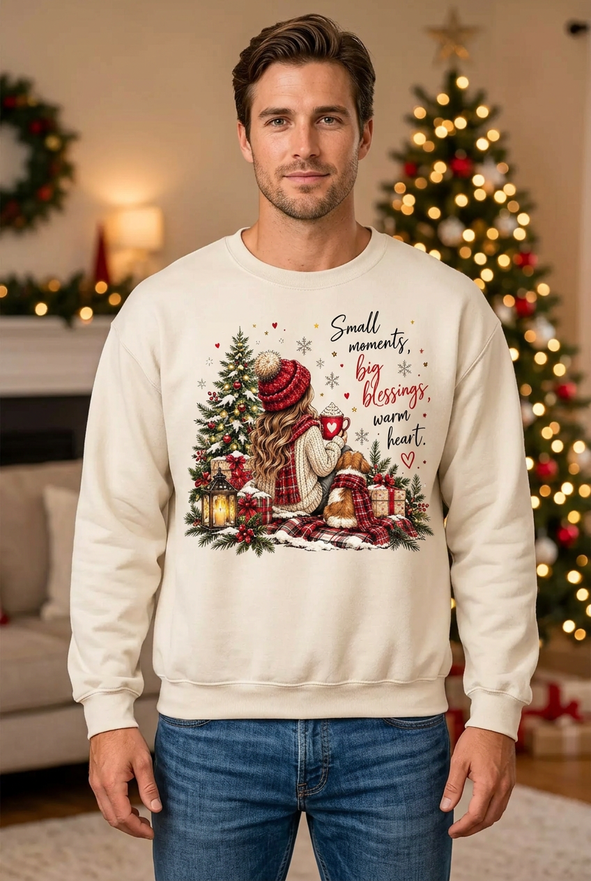Male model wearing the Small Moments Christmas sweatshirt