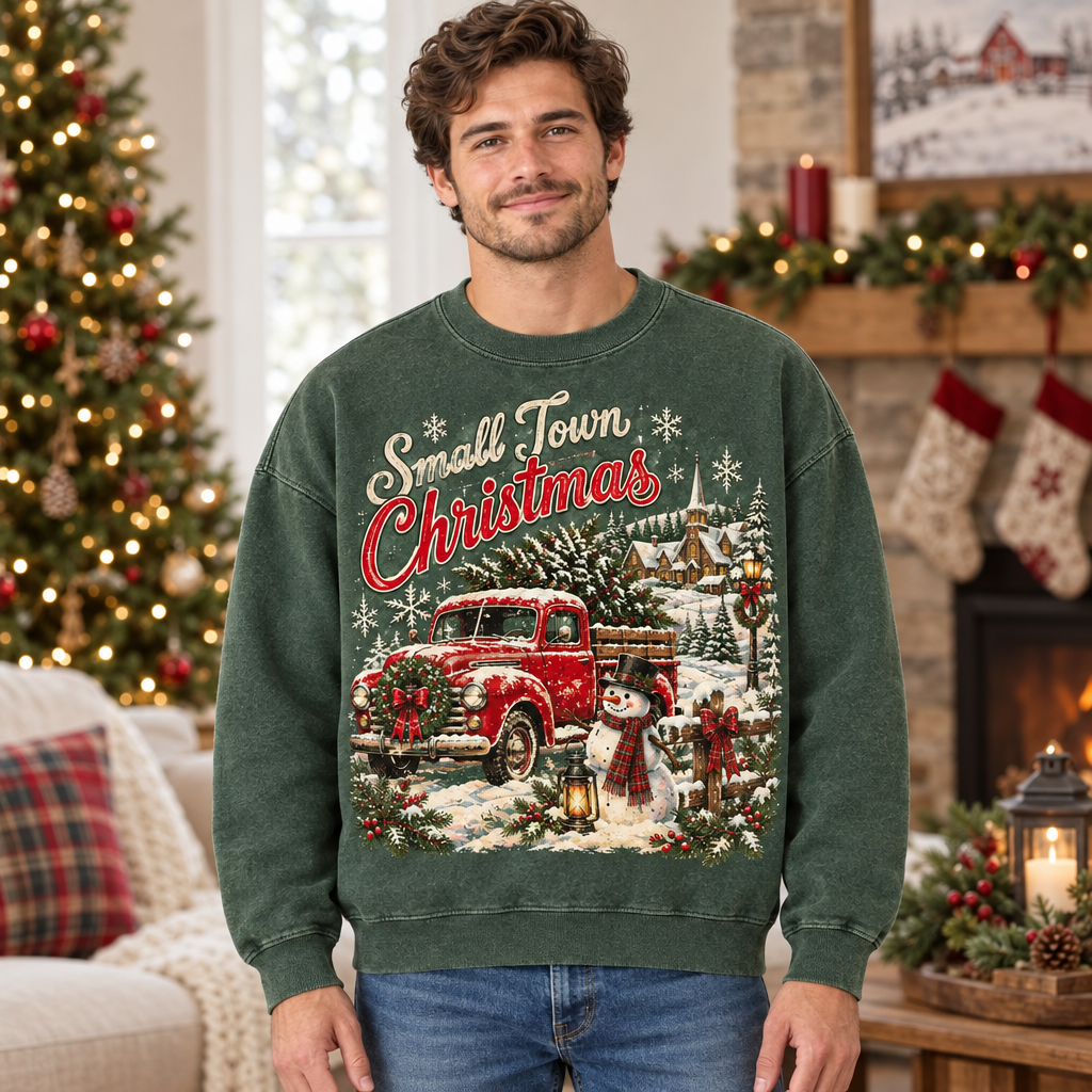 Male model wearing the Small Town Christmas sweatshirt