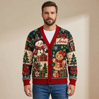 Male model wearing the snowman and gingerbread cardigan