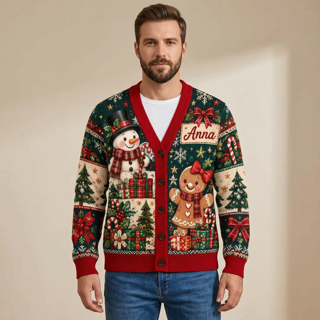 Male model wearing the snowman and gingerbread cardigan