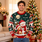 Male model wearing the snowman and golden retriever Christmas sweater