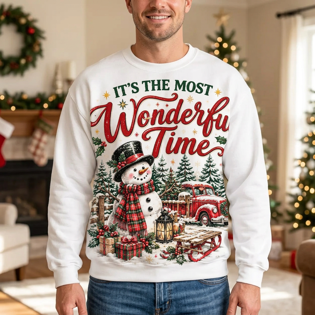 Male model wearing the snowman and red truck sweatshirt