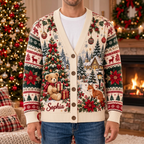 Male model wearing the Sophia Bear Christmas cardigan