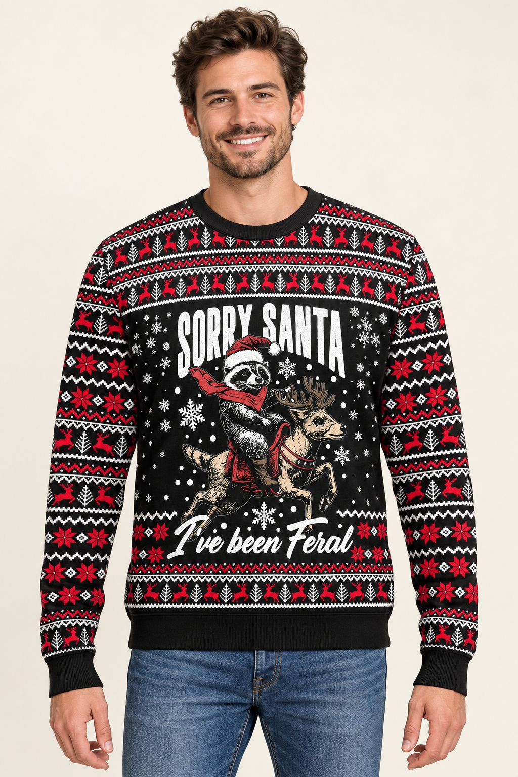 Male model wearing the Sorry Santa sweater